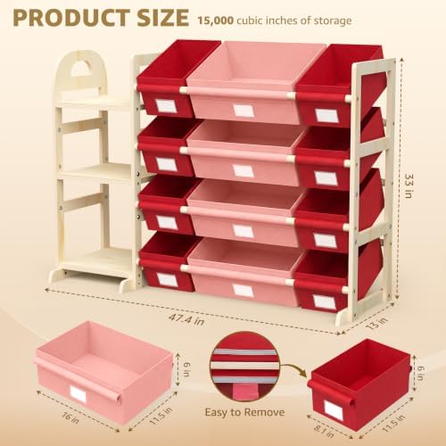 Storage Organizer with 12 Bins and Bookshelf, 47.4-Inch Wide Bookcase for Bedroom, Living Room, or Family Room