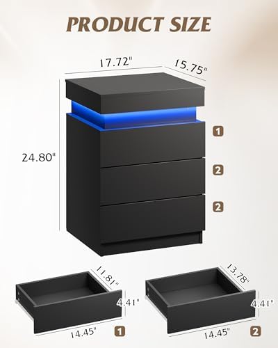 WLIVE Black Nightstand with Charging Station, Night Stand with Sliding Top