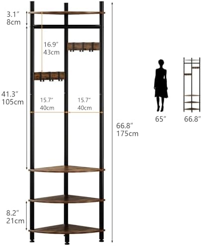 GiftGo Corner Hall Tree with Shoe Rack Entryway Coat Rack with 6 Metal Movable Hooks Floor Standing Clothes Rack Organizer for Home Office Bedroom (Rustic Brown)