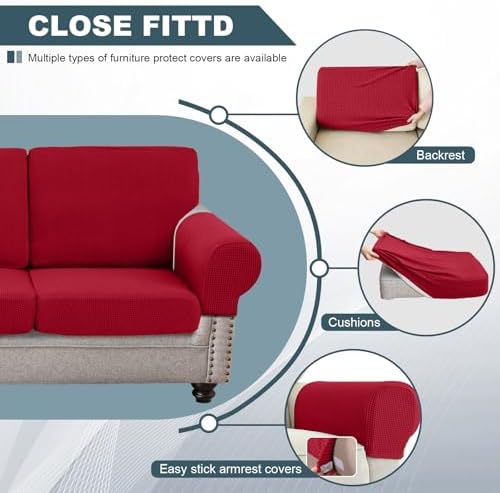 UNBBRRL Seat Cushion Cover and Back Covers for Corner Sofa Stretch Jacquard, Non Slip L Shaped Sofa Slipcover with Storage Ottoman, Sectional Couch Cover for Chaise Lounge (Red,24 x 35 x 6”)