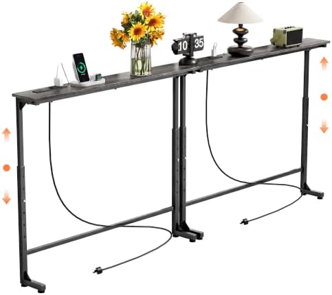 GRLEAF 2 Pack Adjustable Height Narrow Console Table with Power Outlets, 90" Long Sofa Table with Charging Station Behind Couch Table Entryway Table for Living Room and Hallway – Gray