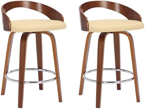 Armen Living Sonia 26" Counter Height Swivel Cream Faux Leather and Walnut Wood Bar Stool - Set of 3