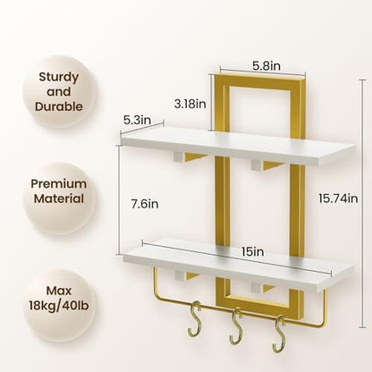 Wood Floating Shelf with 6 Hooks, 15" Bathroom Shelves Set of 2