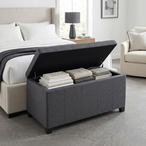 SIMPLIHOME Dover 36" Wide Linen Look Fabric Storage Ottoman in Slate Grey