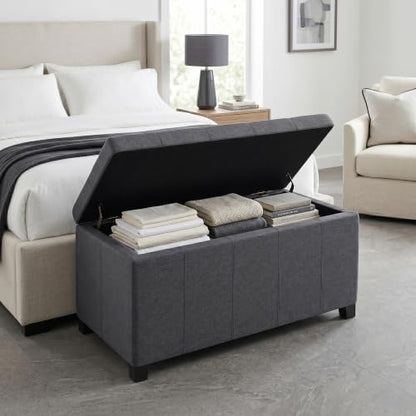 SIMPLIHOME Dover 36" Wide Linen Look Fabric Storage Ottoman in Slate Grey