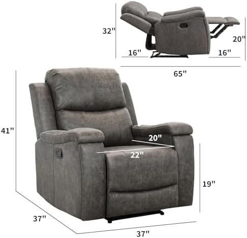 CANMOV Leather Recliner Chair Set of 2, Classic and Traditional Manual Recliner Chair with Overstuffed Arms and Back, Manual Single Sofa with Concealed Cup Holders,Grey