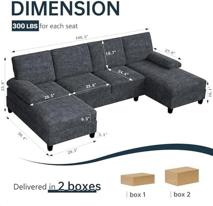 Sectional Couches for Living Room, U Shaped Couch 4 Seat Sectional Sofa with Chaise and Armrests, Comfortable Fabric Sofa for Apartment (Grey)