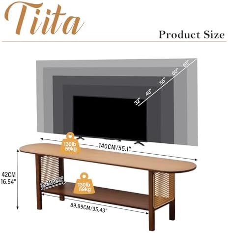 Tiita Walnut TV Stand for 65-Inch TVs, 2 Open Shelves, Rattan Media Console