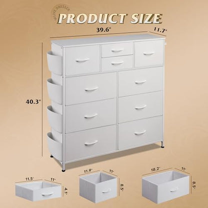 WLIVE 10 Drawer White Fabric Dresser for Bedroom, Side Pockets Chest