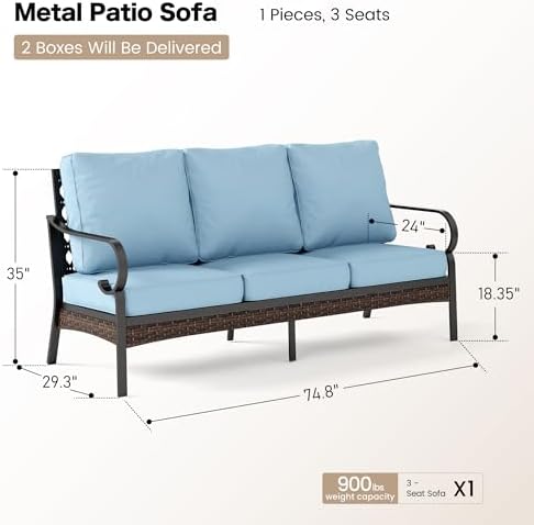 SUNSHINE VALLEY 3-Seat Metal Patio Sofa, 5.75" Thick Cushions, Black/Blue