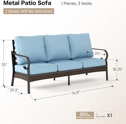 SUNSHINE VALLEY 3-Seat Metal Patio Sofa, 5.75" Thick Cushions, Black/Blue