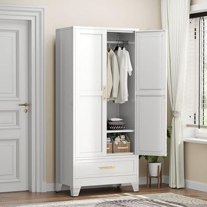 71" White Metal Tall Clothing Storage Armoire Wardrobe