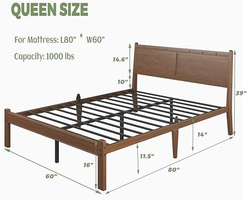Queen Bamboo Platform Bed, Mid-Century 14" Queen Bed Frame, Walnut Bed Frame Queen Size with Solid Headboard/Footboard, Sturdy Metal Slats Support, No Box Spring Needed, Easy Assembly