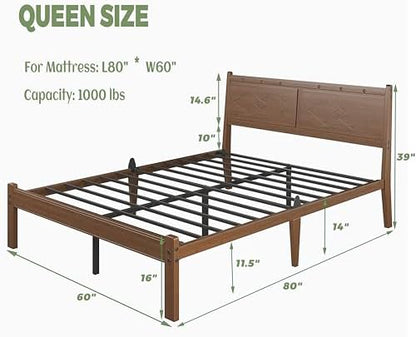 Queen Bamboo Platform Bed, Mid-Century 14" Queen Bed Frame, Walnut Bed Frame Queen Size with Solid Headboard/Footboard, Sturdy Metal Slats Support, No Box Spring Needed, Easy Assembly