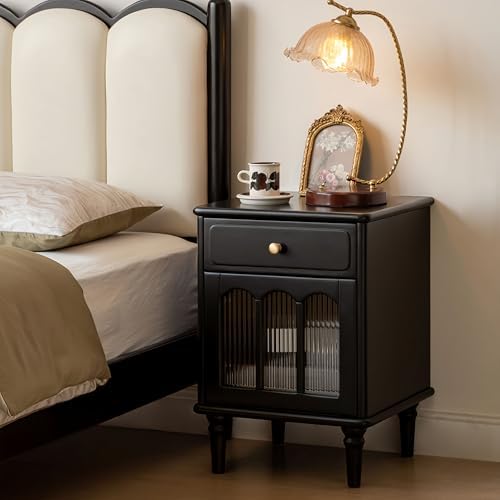 100% Solid Wood Nightstand with Drawer and Fluted Glass Door – Mid Century Modern Farmhouse Bedside Table, Wooden Storage Cabinet, Black, Right-Opening Door, 15.75" D x 16.54" W x 22.83" H
