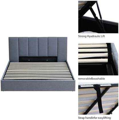 VELOCAVA King Size Upholstered Lift-Up Storage Bed, Dark Gray Linen-Look Fabric Platform Bed with Vertical Panel Headboard, Hydraulic Lift Storage, Wooden Slat Support, No Box Spring Needed