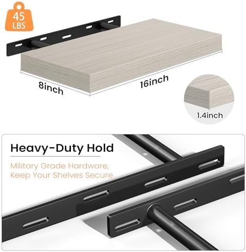 16 Inch Floating Shelves - Deep Rustic Wooden Wall Shelves - Extra Deeper & Thicker Wall Mounted Storage Shelf for Bedroom, Kitchen, Farmhouse - 2 Pack, Grey