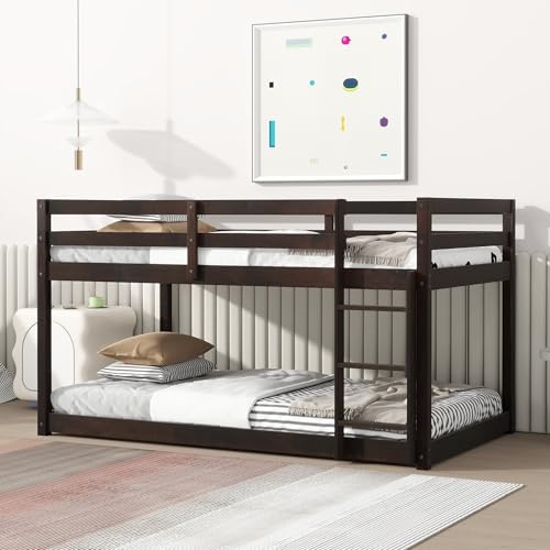 Merax Twin Over Twin Bunk Bed, Solid Rubber Wooden Twin Bunk Bed with Ladder, Espresso