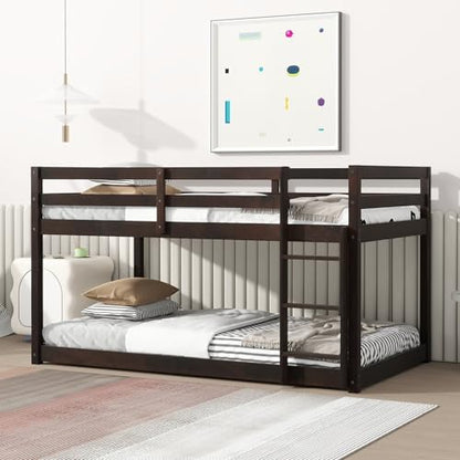 Merax Twin Over Twin Bunk Bed, Solid Rubber Wooden Twin Bunk Bed with Ladder, Espresso