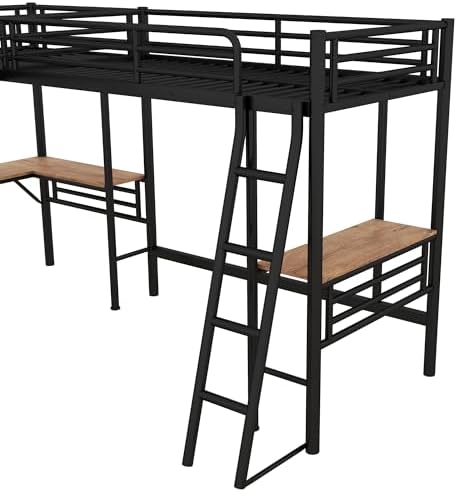 Twin Size Metal Loft Bed with Built-in Desk and Safety Guardrails, Black