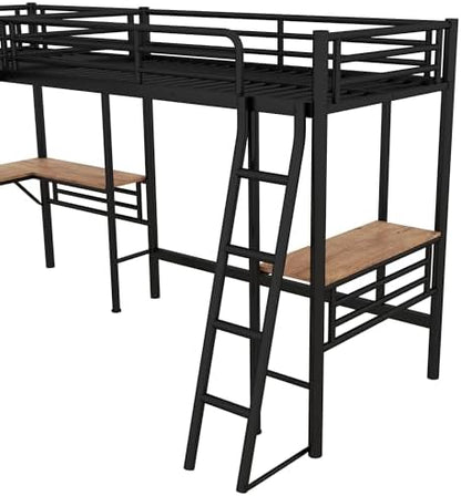 Twin Size Metal Loft Bed with Built-in Desk and Safety Guardrails, Black