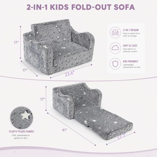 Kids Sofa Chair, 2-in-1 Foldable Couch, Plush, Dusty Grey