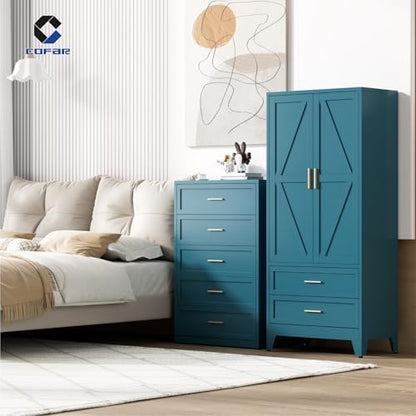 COFaR Metal Armoire Wardrobe Closet with Drawers, 71'' Tall Farmhouse Bedroom Armoires with Doors, Freestanding Steel Wardrobe Cabinet Coat Closet for Bedroom Home Office Garage, Peacock Blue