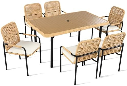 Outdoor Dining Set 7-Piece, Patio Furniture Set w Plastic-Wood Table Top with Umbrella Hole, Rattan Dining Set for Backyard, Garden, Beige Cushions (Beige)