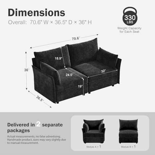 ABCASA Oversized Loveseat Sofa, Modern Modular Sectional Couch Black Fluffy Chenille Mid Century 2-Seat 24.5" Deep Seat for Apartment, Living Room, Bedroom