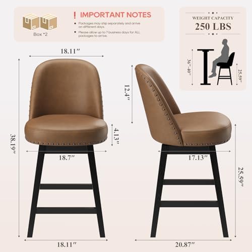MALOL Swivel Counter Height Bar Stools Set of 3, Tall Faux Leather Barstools, Modern Bar Chairs with Solid Back and Wood Legs for Kitchen Island，Brown