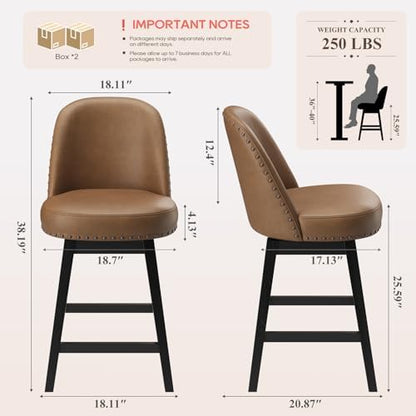 MALOL Swivel Counter Height Bar Stools Set of 3, Tall Faux Leather Barstools, Modern Bar Chairs with Solid Back and Wood Legs for Kitchen Island，Brown