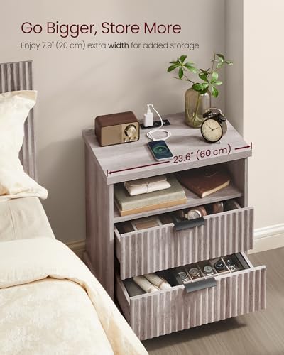 VASAGLE Nightstand with Charging Station, 2 Drawers, Open Shelf