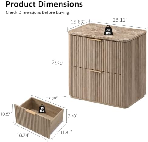 Curved Fluted Nightstand Set of 2 with Faux Marble Top, Natural Oak