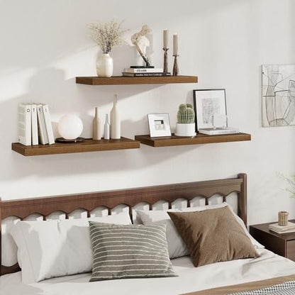 Deep Floating Shelves, 32W x 12D Walnut Wall Shelves, 32 Long Rustic Wood Wide Storage Shelves for Bedroom, Kitchen, Farmhouse, Laundry Room, Bedroom, Kitchen, Home Office- Set of 3
