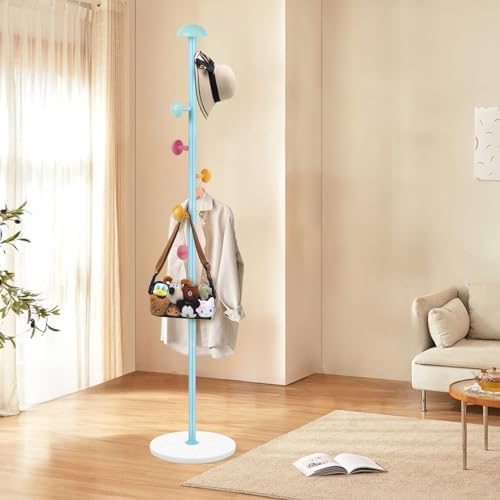 Mushroom Coat Rack, Metal Coat Tree Stand with 7 Hooks, Marble Base, 2 Adjustable Height Freestanding Coat Rack for Coats, Hats, Scarves and Handbags for Entryway, Hallway, Bedroom, Office, Blue