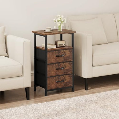 Nightstand with Charging Station, Bedside Table with USB Ports and Outlet, End Table Side Table with 3 Fabric Drawers and Storage Shelf, Bed Side Table Night Stand for Bedroom, Rustic Brown