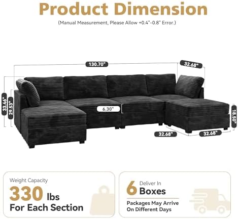 CAODOC 6 Seat Modular Sectional Couch,Corduroy,Convertible U/L-Shaped,Black
