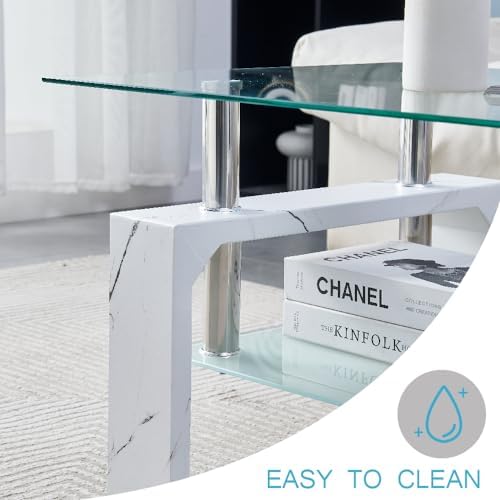 Btrpily Living Room Rectangle Coffee Table, Tea Table Suitable for Waiting Room, Modern Side Coffee Table with Wooden Leg, Glass Tabletop with Lower Shelf, Marble