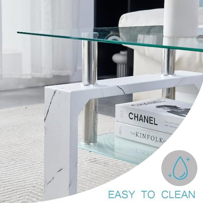 Btrpily Living Room Rectangle Coffee Table, Tea Table Suitable for Waiting Room, Modern Side Coffee Table with Wooden Leg, Glass Tabletop with Lower Shelf, Marble