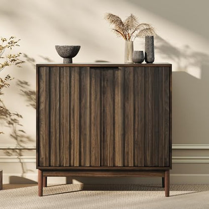 Fluted Buffet Cabinet with Storage, Small Accent Cabinet, Brown