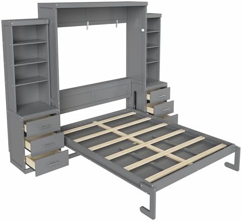 Queen Murphy Bed with Storage Shelves and Drawers, Solid Wood Foldable Hidden Vertical Murphy Wall Bed with Storage Bookcase for Adults, Library,Guest Room,Bedroom,Office,Space-Saving (Queen,Grey)