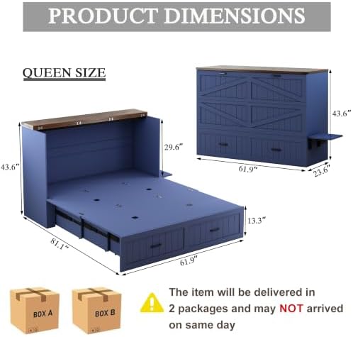 Queen Murphy Bed with Charging Station, Farmhouse Noisy-Free Foldable Cabinet Bed Frame with Storage Drawer, Space Saving Hideaway Wall Bed for Guest Bedroom, Living Room, Office, Blue