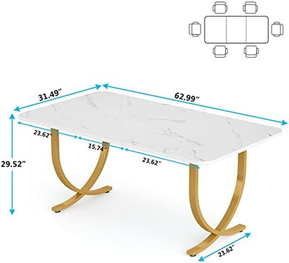 LITTLE TREE Dining Room Table, Kitchen Table with Faux Marble Table Top and Gold Metal Legs