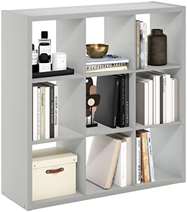 9-Cube Bookshelf, Cubicle Shelf Bookcase with Open Back, Position Reversible Book Shelf, 15 x 44 x 44, for Home Office, Living Room, Light Grey