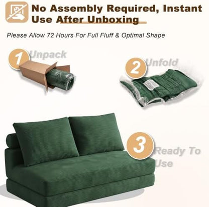 Folding Sofa Bed, 3-in-1 Convertible Sleeper Chair Bed with Pillows, Foldable Boneless Couch with High-Density Foam, Futon Floor Couch for Living Room Bedroom Lounge, Loveseat, Green