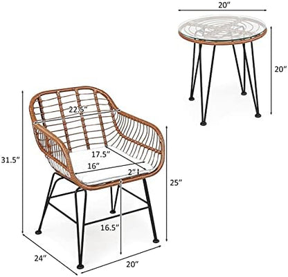 Tangkula 3 Pieces Patio Conversation Bistro Set, Outdoor Wicker Furniture w/Round Tempered Glass Top Table & 2 Rattan Armchairs, Bistro Chat Set w/Seat Cushions for Porch, Backyard, Garden