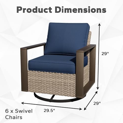 Joyside Outdoor Patio Swivel Rocker Chairs Set, 6 Pieces Wicker Rattan Chairs with Metal Wide Armrest, Thick Cushions and Deep Seating for Garden, Backyard, Porch, Deck
