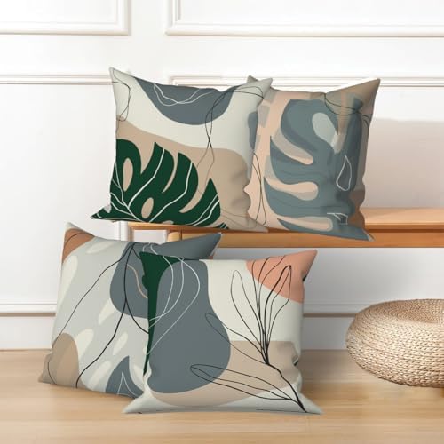 Abstract Leaves Throw Pillow Covers 16''x16'' Set of 4, Geometric Pattern Cushion Covers Minimalist Tropical Palm Trees Pillowcases for Couch Sofa Bedroom Farmhouse Livingroom Garden Patio
