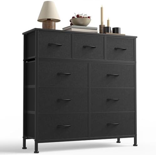 OLIXIS 9 Drawer Fabric Dresser for Bedroom, Black Chest of Drawer Organizer
