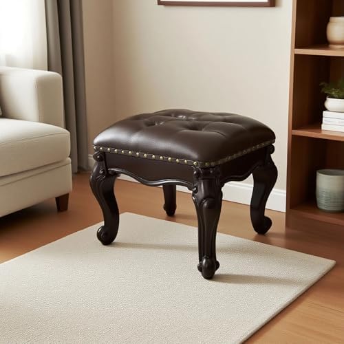 Leather Foot Stool,Vintage Footstools,Wooden Footrest,Upholstered Foot Rest for Living Room,Sofa,Entryway (Walnut)